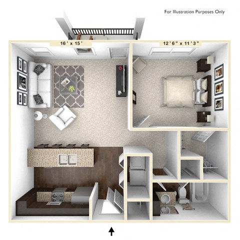 Floor plan for 1 bed, 1 bath, 711 sqft